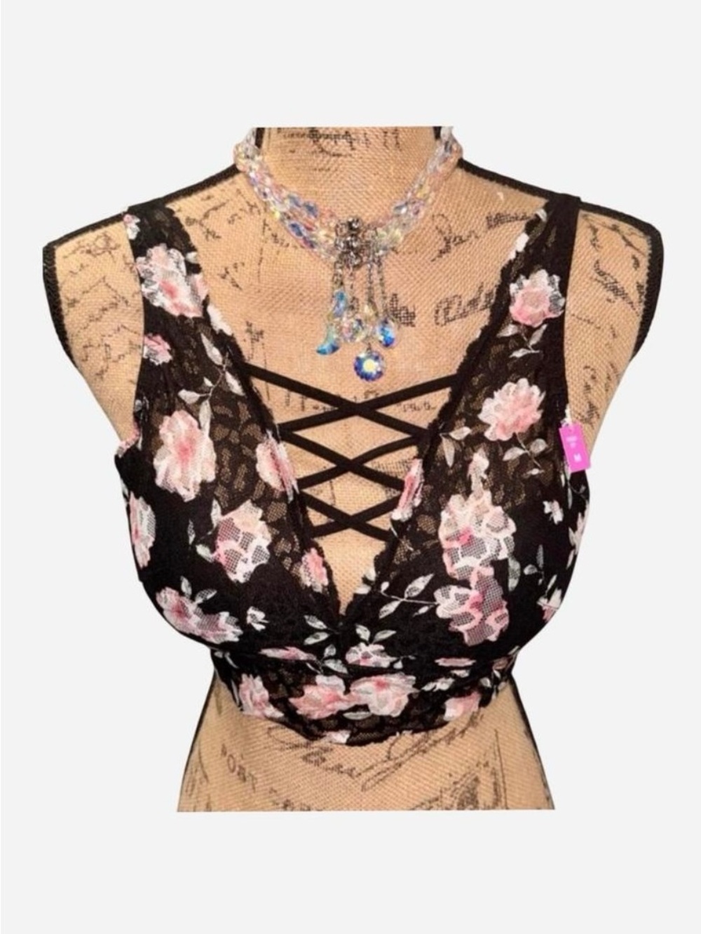 NWT PINK Victoria's Secret Black Lace Floral Push-Up Bralette w/Flowers - M
